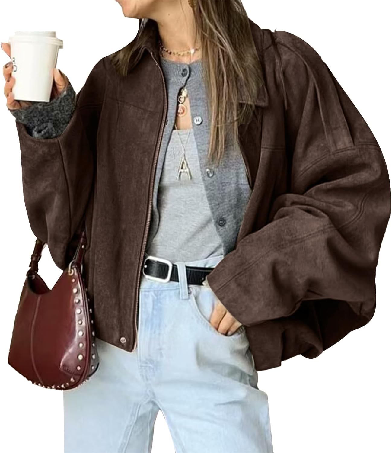 Stylish Women's Faux Suede Bomber Jacket for Casual Outings