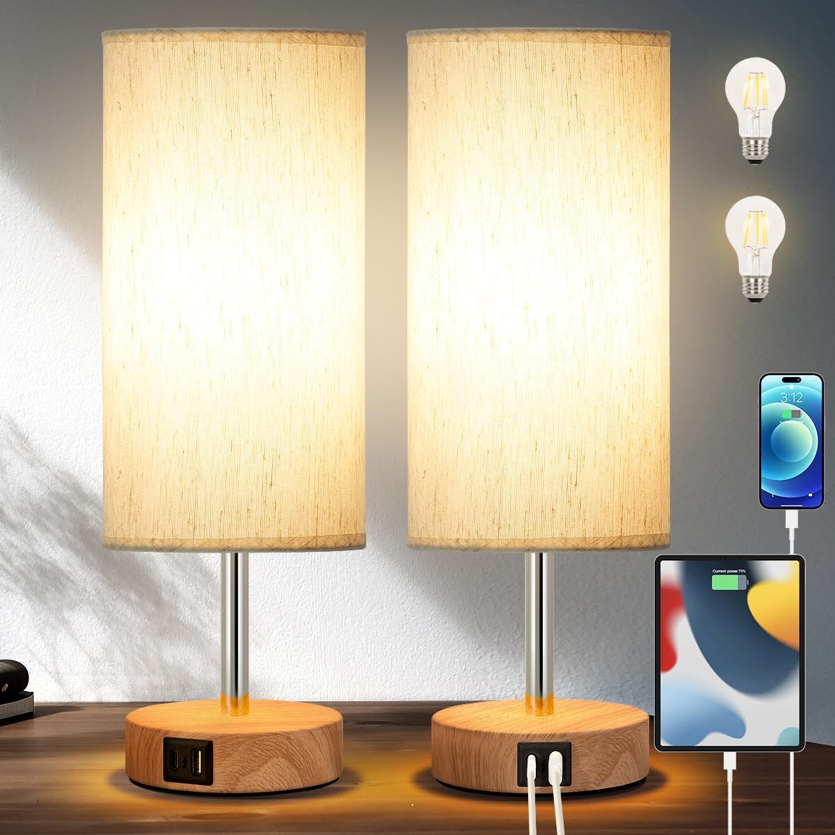 Yarra-Decor Bedside Lamp Set with USB Ports and Touch Control