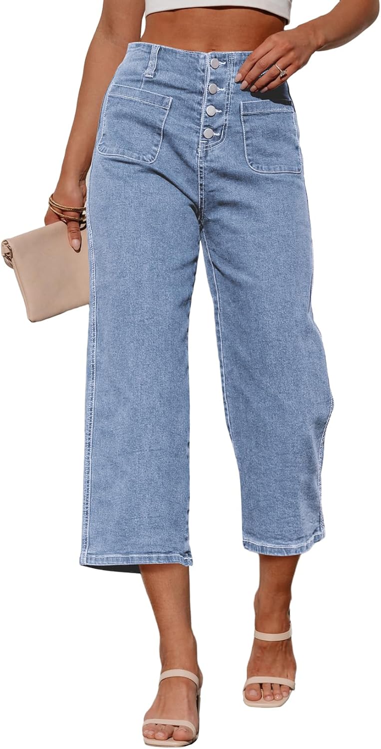 Trendy Wide Leg Jeans for Women - High Waisted Capri Pants