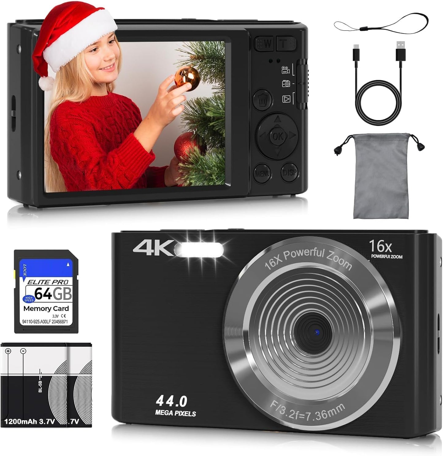 44MP 4K Kids Camera Bundle: Autofocus, 64GB SD, 2 Batteries!