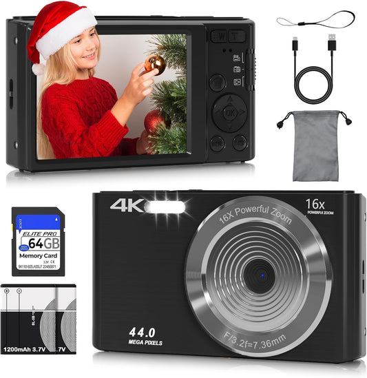 44MP 4K Kids Camera Bundle: Autofocus, 64GB SD, 2 Batteries!