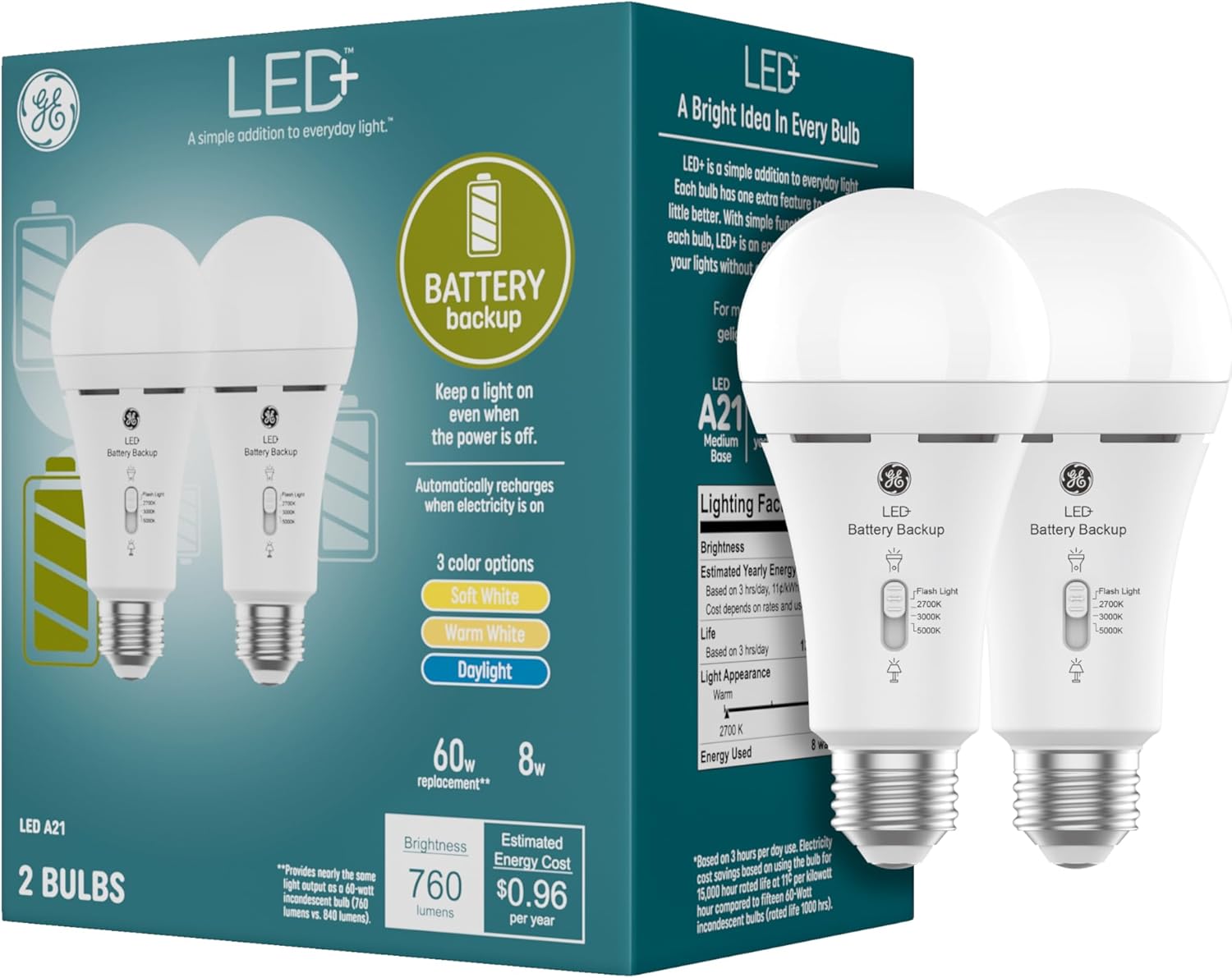 GE LED+ Backup Battery Light Bulbs for Power Outages and Emergencies