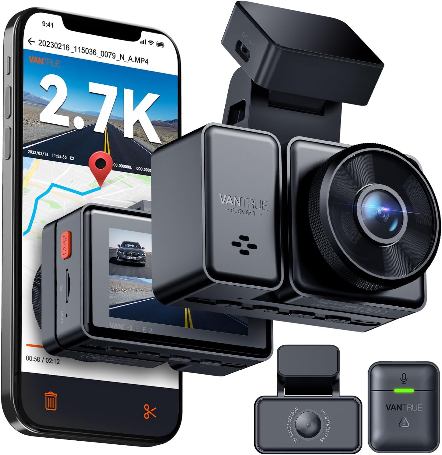 Vantrue E2 Dash Cam with Dual 2.7K Cameras and Voice Control