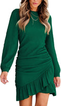 Women Knit Ruched Fall Dress Smocked Ruffle Hem Crew Neck Mini Dress