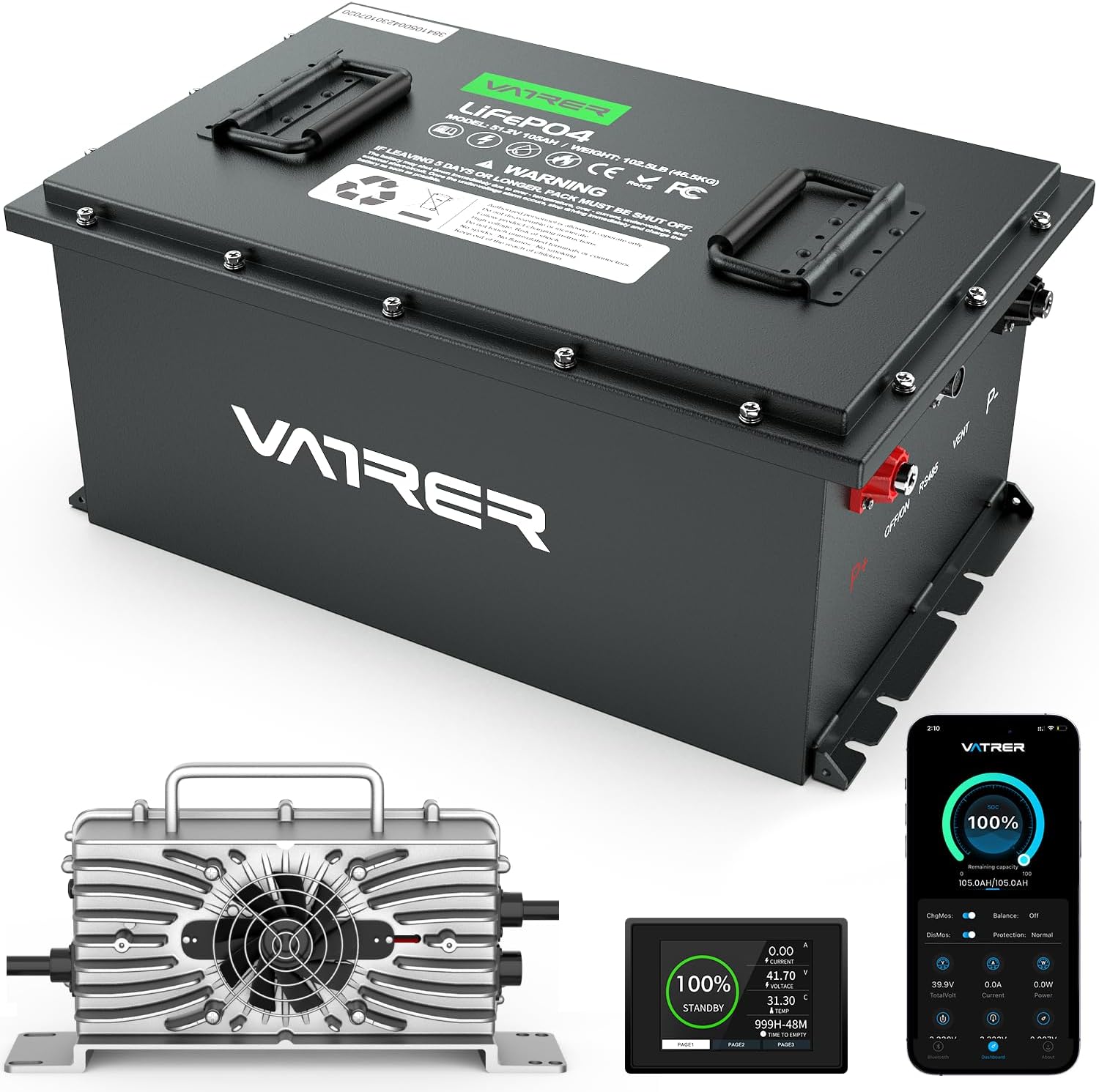 51.2V 105Ah Lithium Golf Cart Battery with Smart BMS, 4000+ Cycles - VATRER POWER