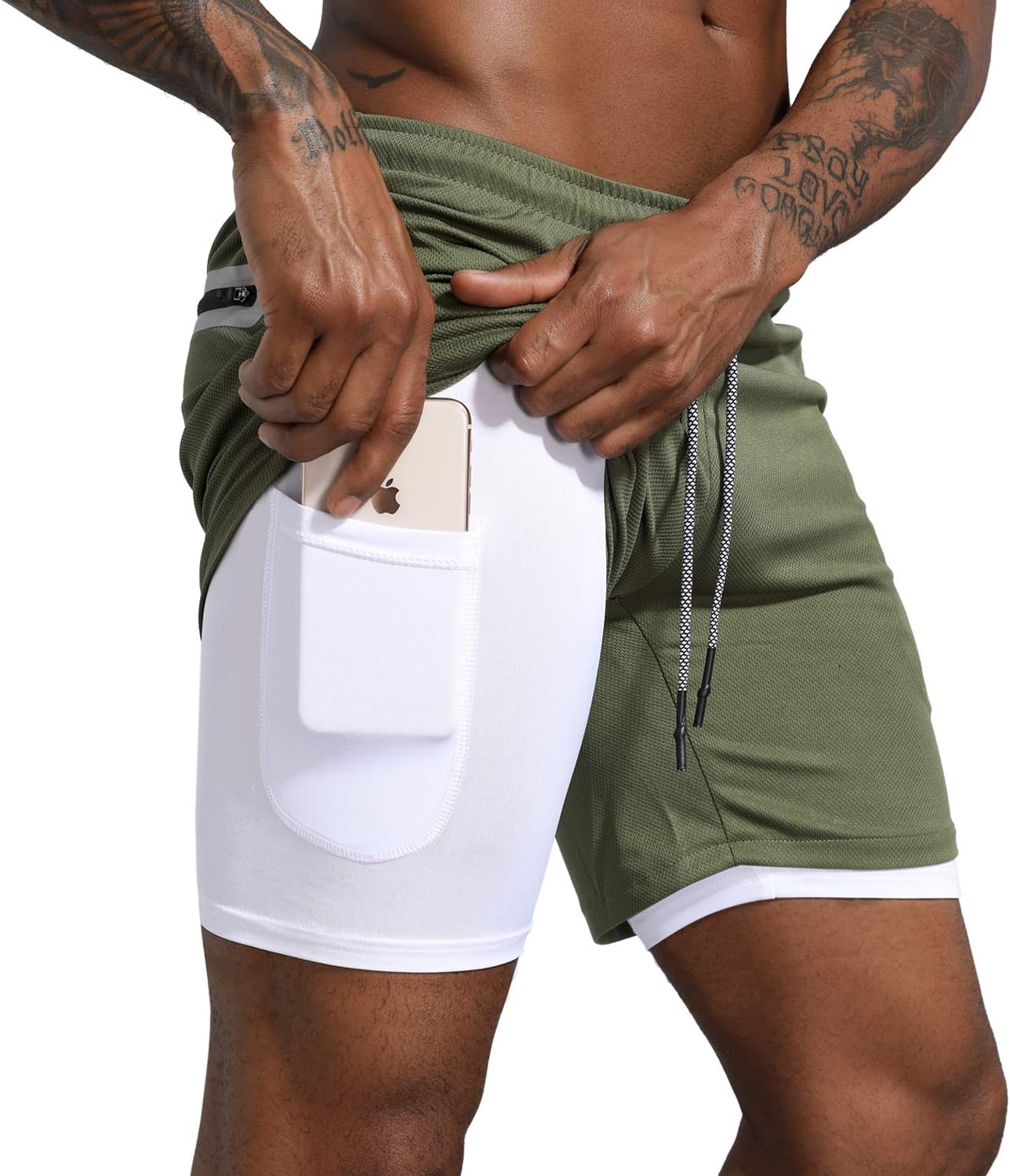 Leidowei Men's 2-in-1 Workout Shorts w/ Zip Pockets