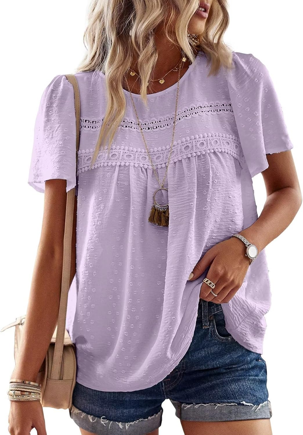 Womens Summer Tops Crewneck Short Sleeve Casual Chiffon Blouses