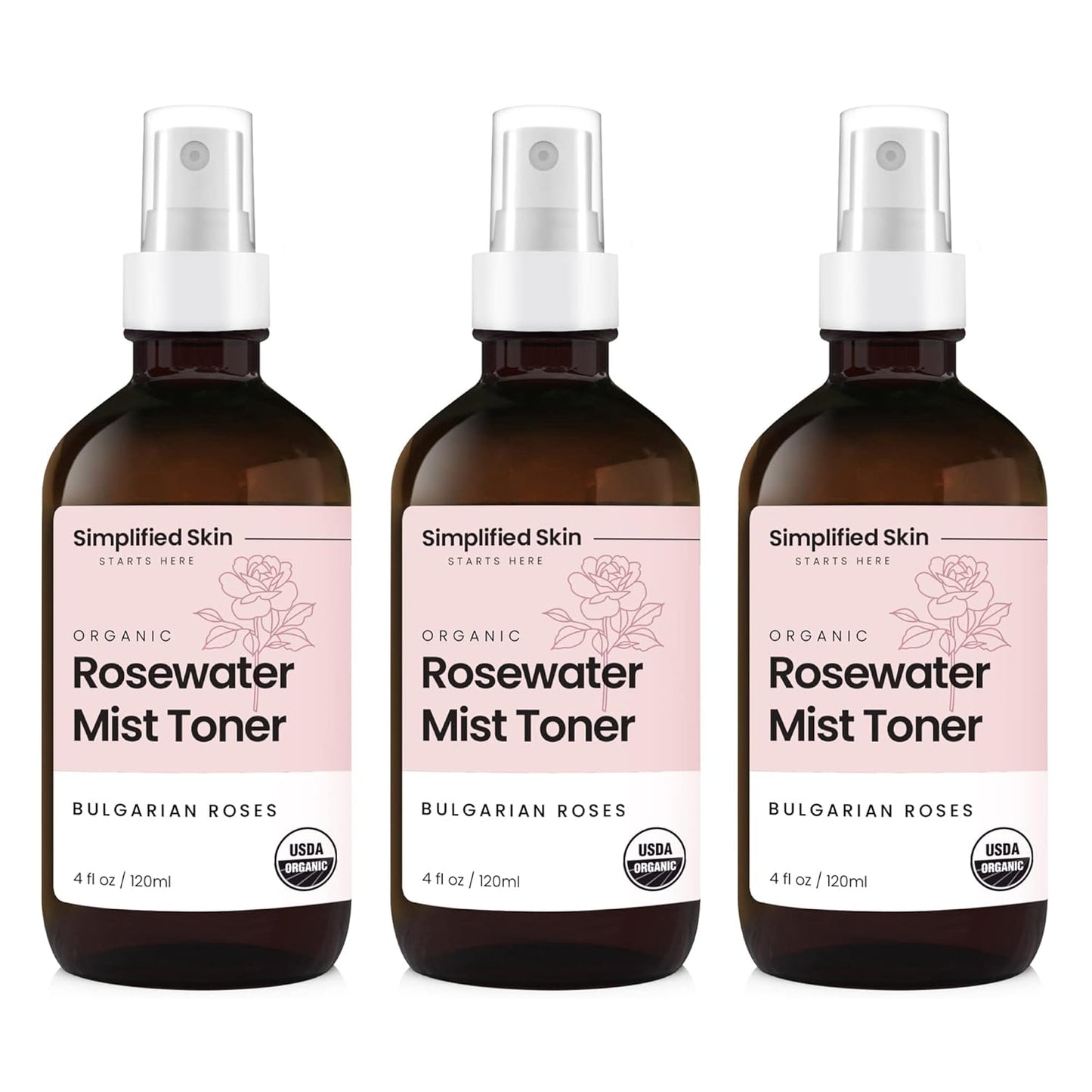 USDA Organic Rose Water Spray for Face & Hair - 3 Pack