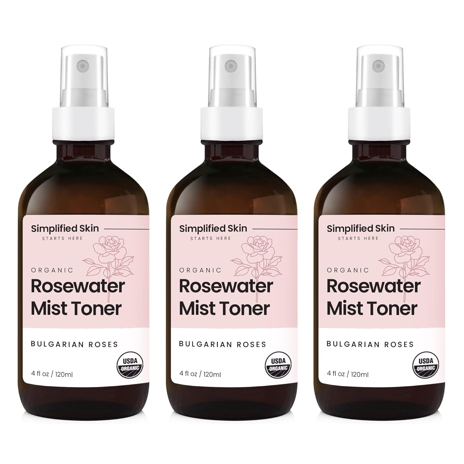 USDA Organic Rose Water Spray for Face & Hair - 3 Pack
