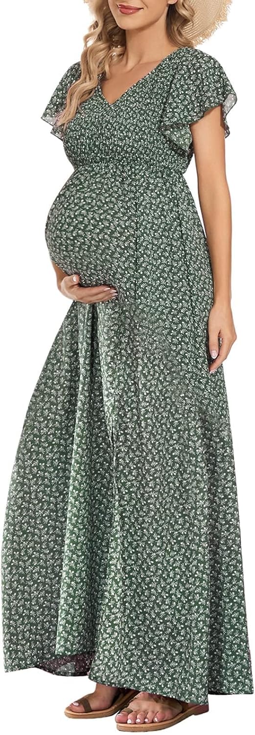 Floral Print V Neck Maternity Dress for Baby Showers & Photoshoots
