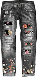 EVALESS Ripped Jeans for Women Plaid Patch Boyfriend Skinny Distressed