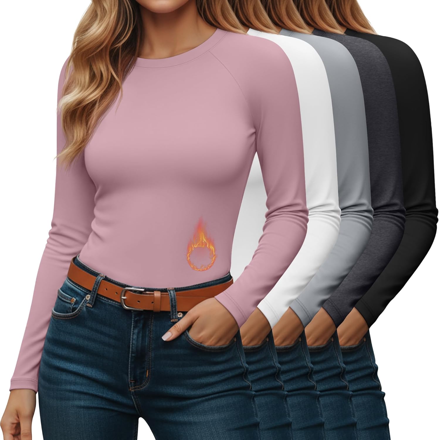 5 Pack Women's Thermal Shirts Long Sleeve Fleece Lined Tops