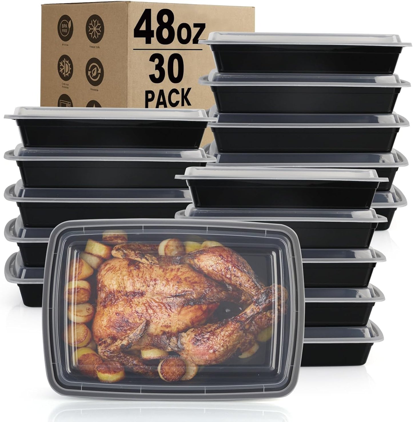 48oz Meal Prep Containers Reusable - 30 Pack Food Storage