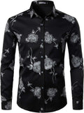 ZEROYAA Mens Hipster 3D Golden Rose Floral Slim Fit Shirt