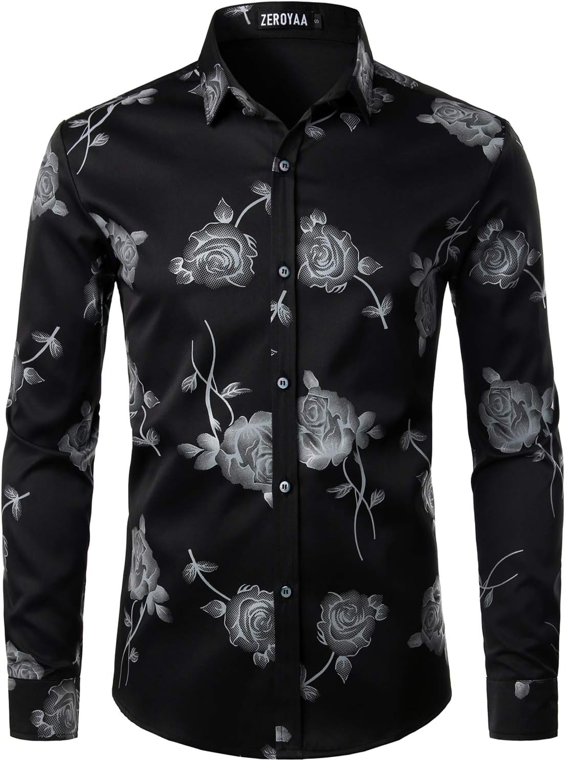ZEROYAA Mens Hipster 3D Golden Rose Floral Printed Dress Shirt