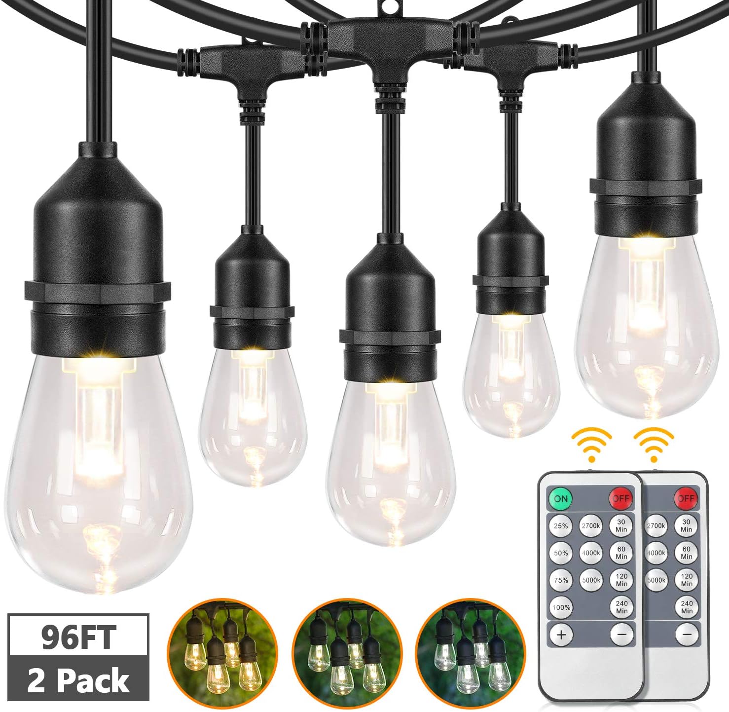 Dimmable LED Outdoor String Lights for Patio - 96FT 2-Pack