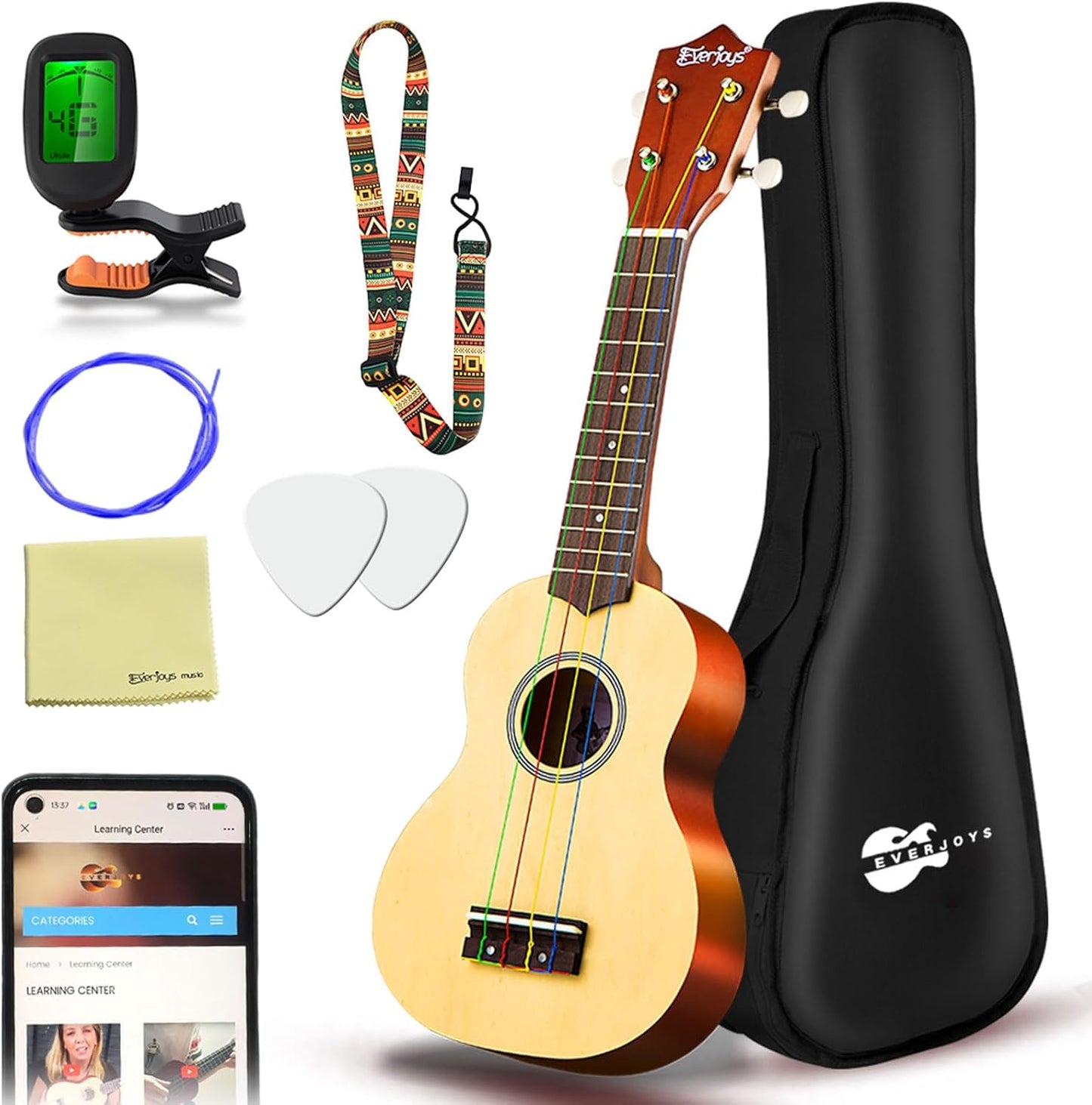 Everjoys Soprano Ukulele Beginner Pack - 21 Inch All in One Kit