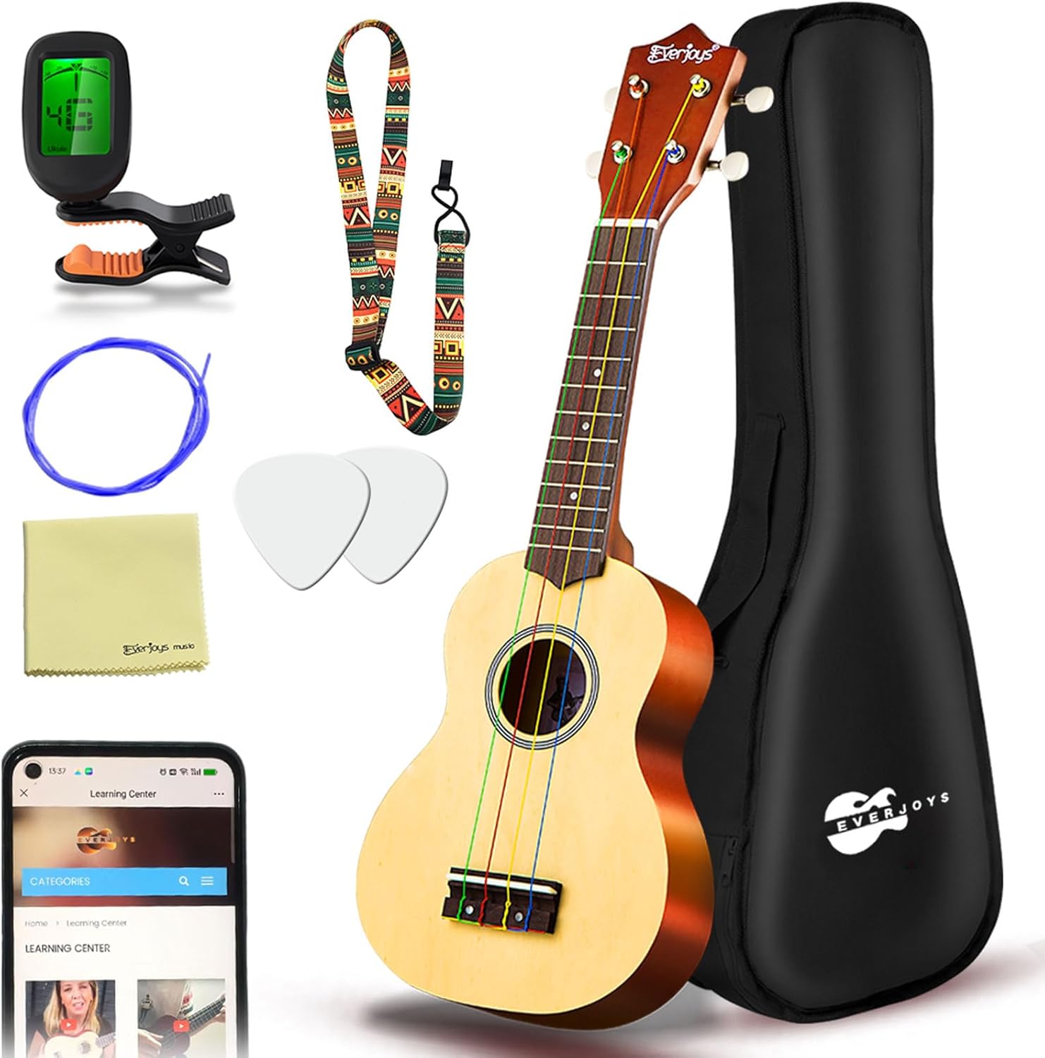 Everjoys Soprano Ukulele Beginner Pack - 21 Inch All in One Kit