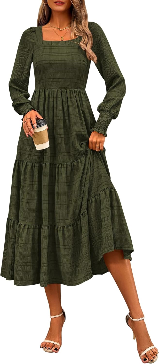 CFLONGE Women's Fall Dresses 2025 Puff Long Sleeve Maxi Dress