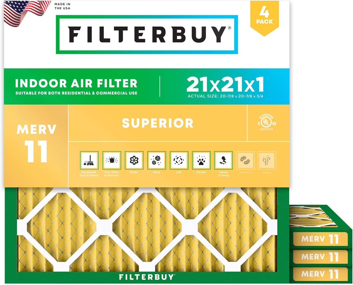 Filterbuy 21x21x1 Air Filter MERV 11 for Pet & Allergy Defense