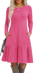 Womens Long Sleeve Ribbed Knit Crew Neck Knee Length Dress