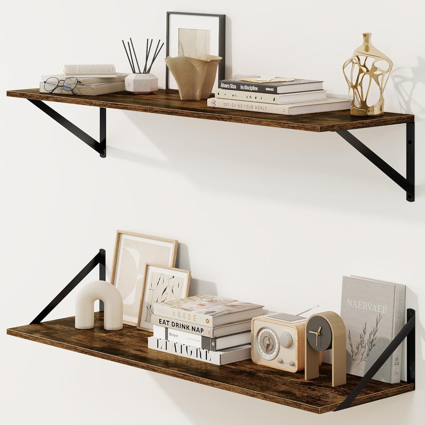 Deep Floating Shelves for Wall - Sturdy Rustic Brown Display