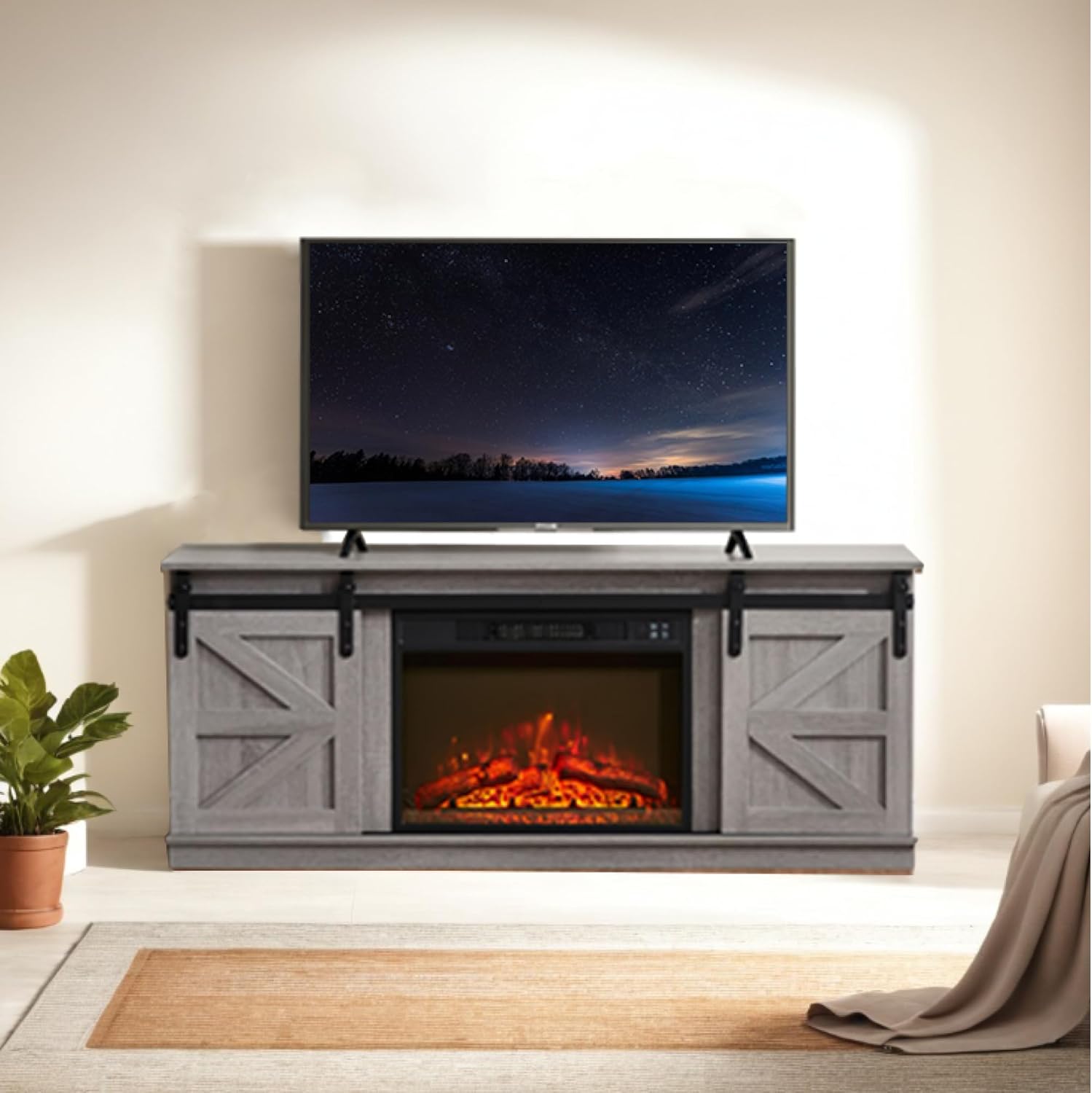 Farmhouse Grey TV Stand: Fits 67 TV, Barn Doors