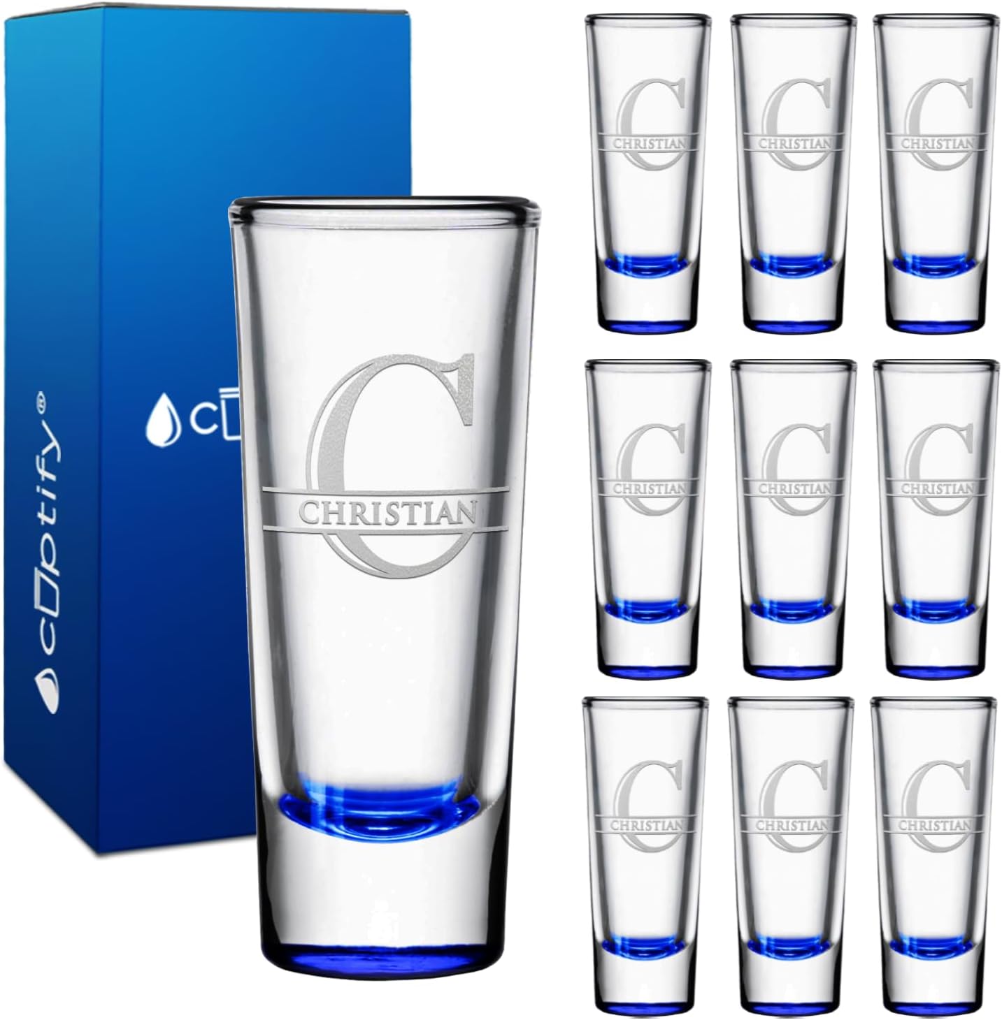 Personalized Shot Glasses Set of 10 with Elegant Blue Bottom