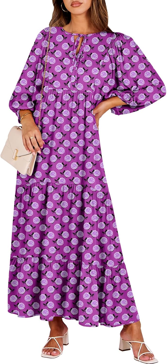 Boho Maxi Dresses for Women - Floral V Neck Puff Sleeve Style
