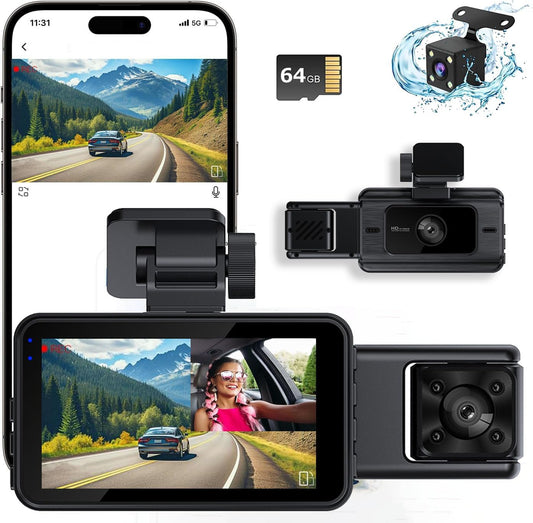 Dash Cam Front and Rear with 64GB Card and G-Sensor Features