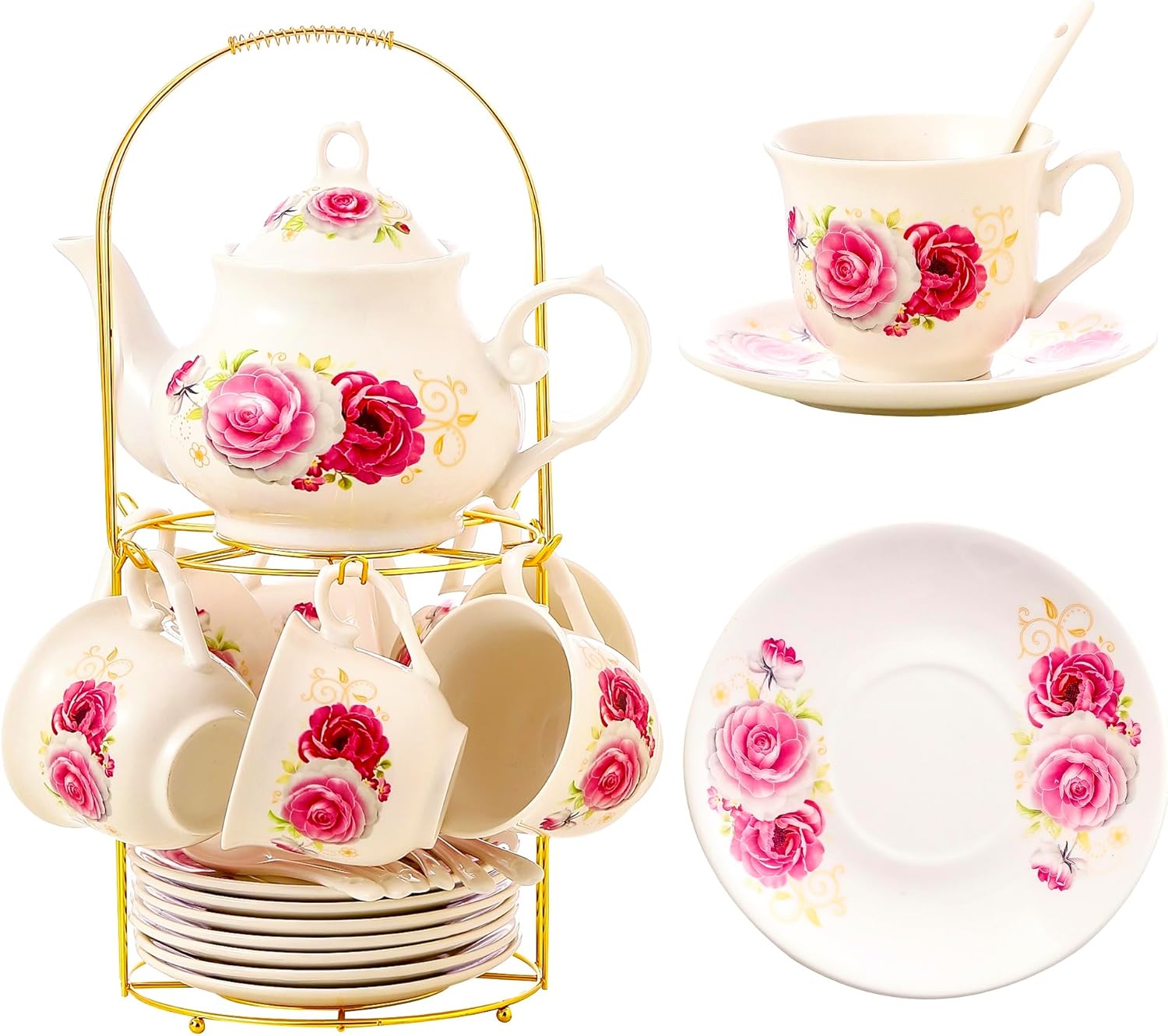 20-Piece Porcelain Tea Set for Women with Golden Metal Rack