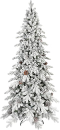 8 FT Snow Flocked Slim Fir Christmas Tree with Pine Cones - Slim