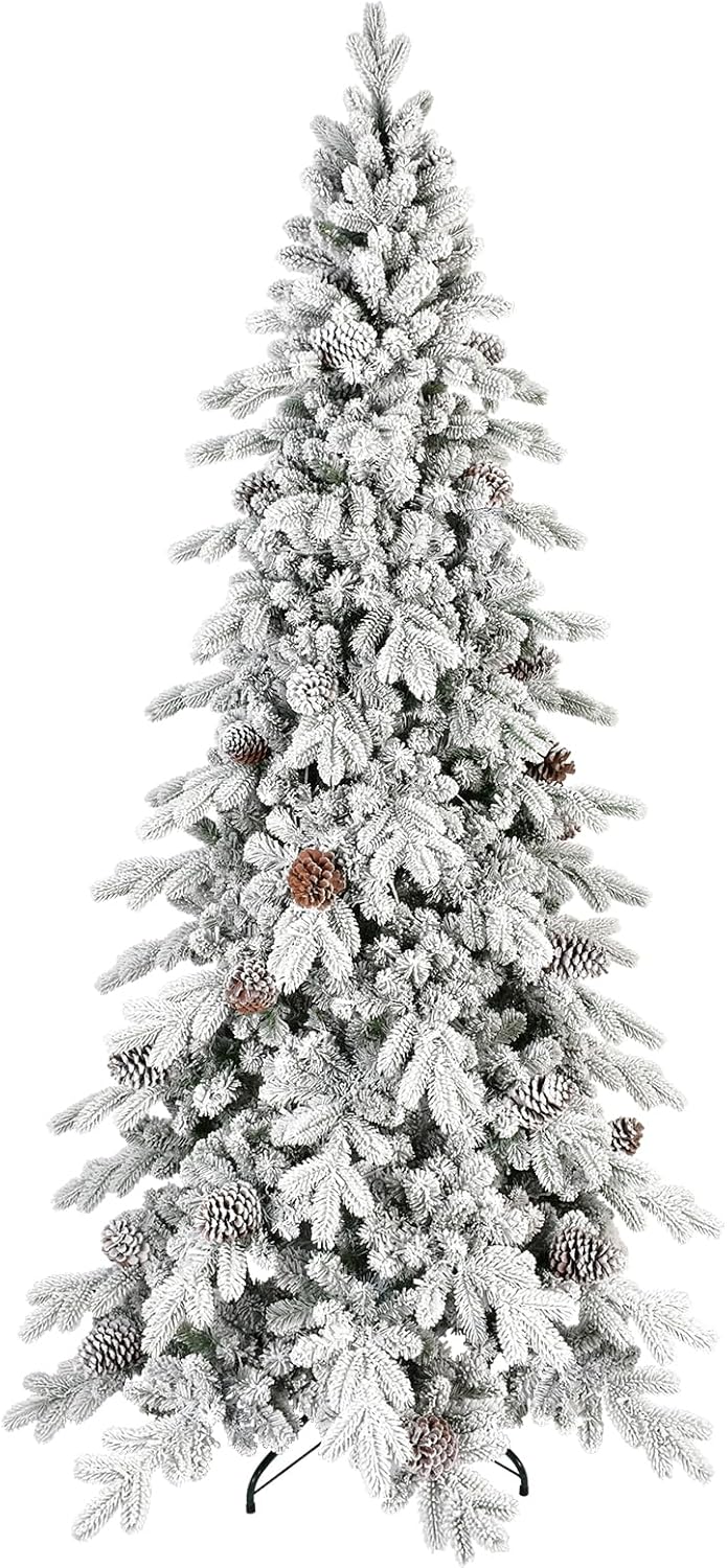 8 FT Snow Flocked Slim Fir Christmas Tree for Holiday Decor