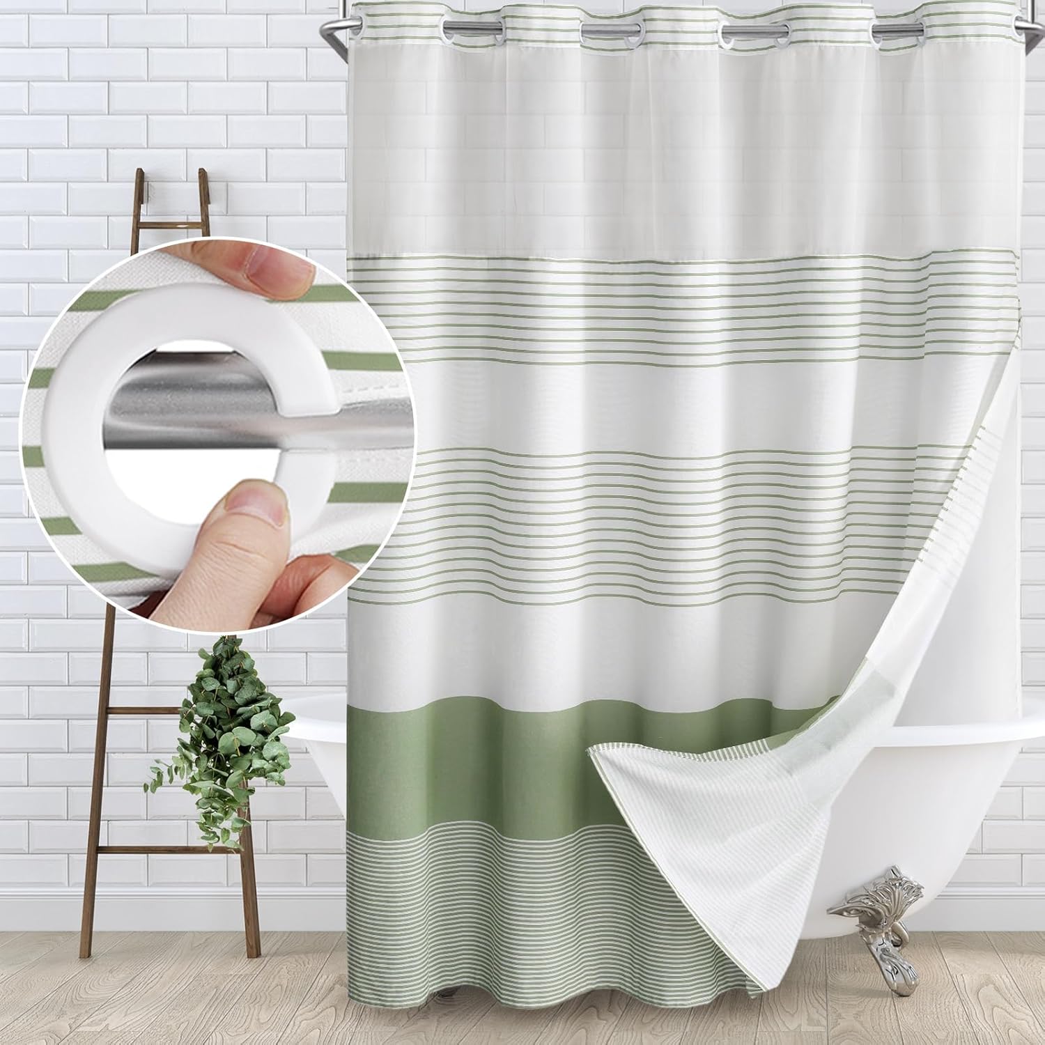 Awellife No Hook Shower Curtain Set Boho Green Striped Blends