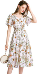 Gardenwed Chiffon Floral Midi Dress - Smocked Waist, Lightweight