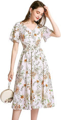Chiffon Floral Summer Sun Beach Dress with V Neck and Elastic Waist