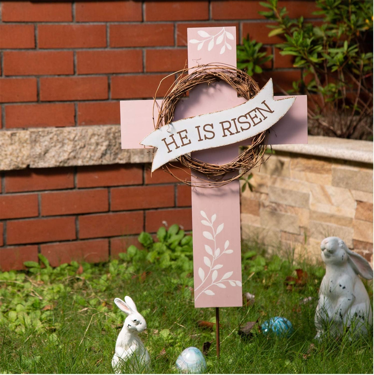 Easter Wooden Metal Cross Yard Stake for Garden Decor