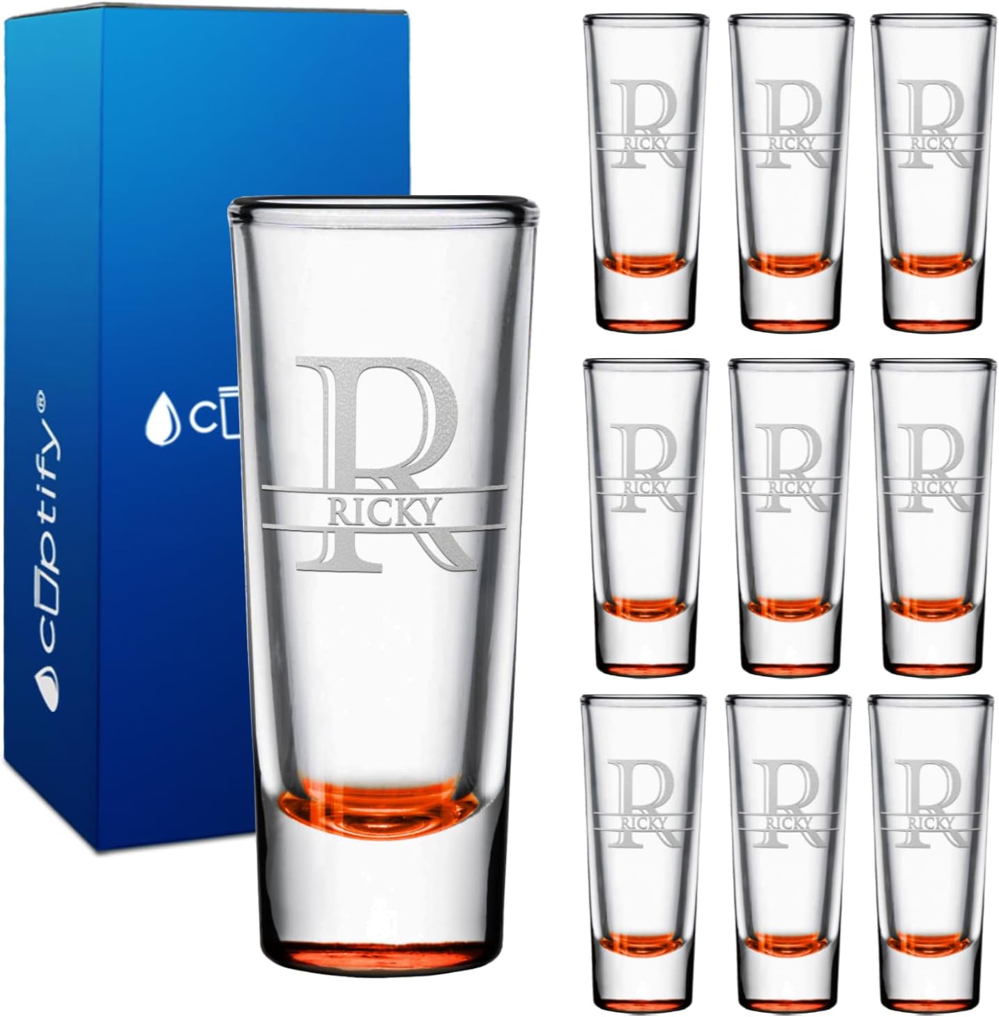 Personalized Shot Glasses Set of 10 with Elegant Orange Bottom