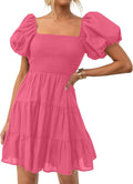 ZESICA Women's Boho Mini Dress with Square Neck and Puff Sleeves
