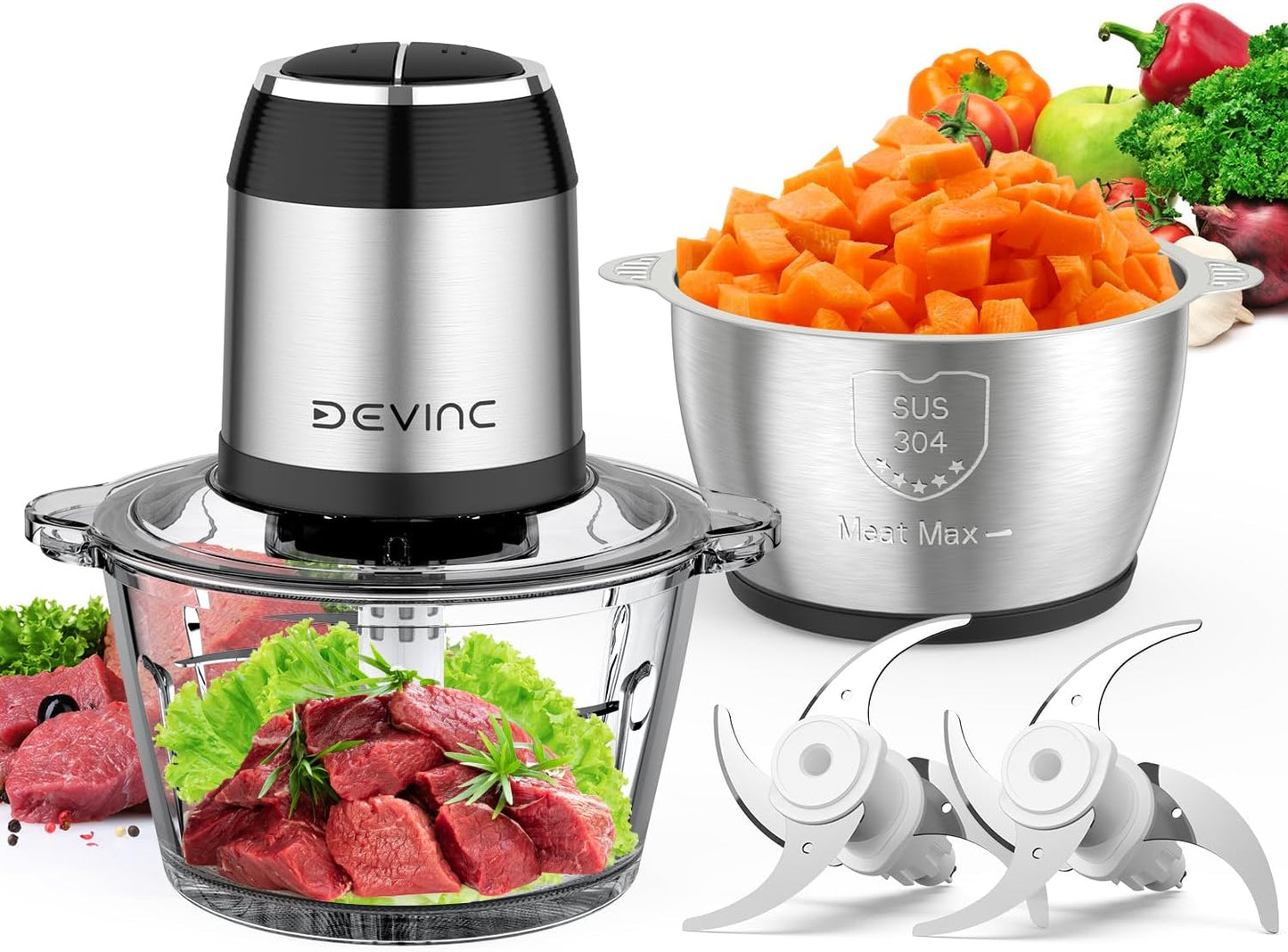 DEVINC Mini Food Processor - Dual Blades, 2 Bowls, Ultimate Chopping Power