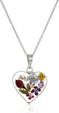 Sterling Silver Pressed Flower Heart Pendant Necklace for Women