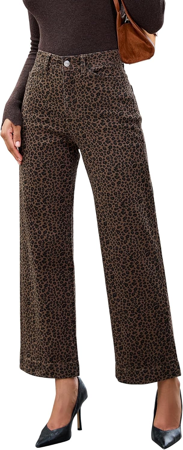 Trendy High Waisted Leopard Wide Leg Jeans for Women