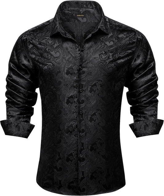 DiBanGu Mens Silk Paisley Dress Shirt for Weddings and Parties