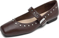 Women Mary Jane Shoes Square Toe Studded Flats - Comfortable Dress