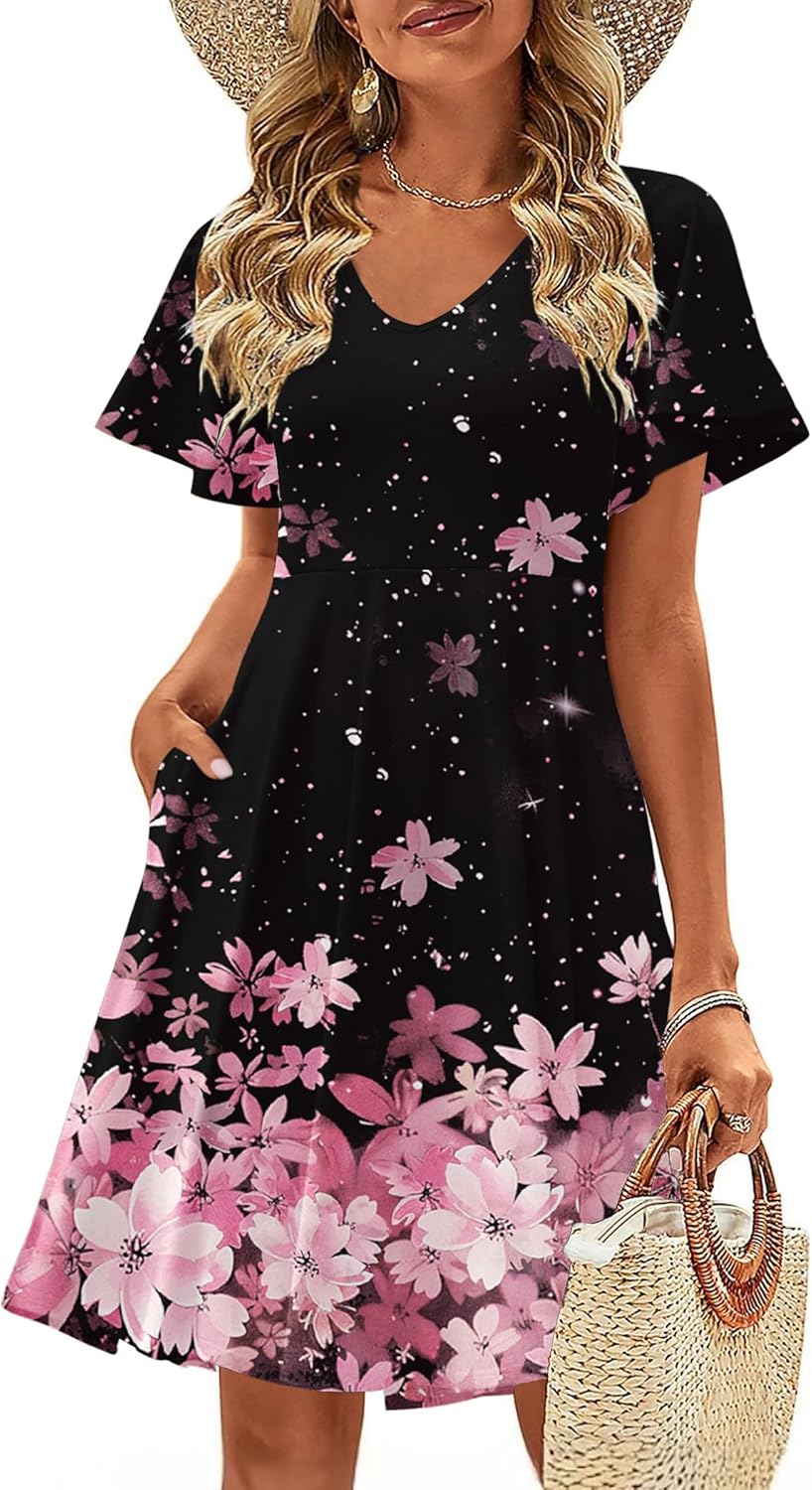Zeagoo Womens Summer Dress Casual Swing Floral Ruffle Mini A-line