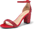 Womens Chunk Low Heel Pump Sandals - Rhinestone Ankle Strap