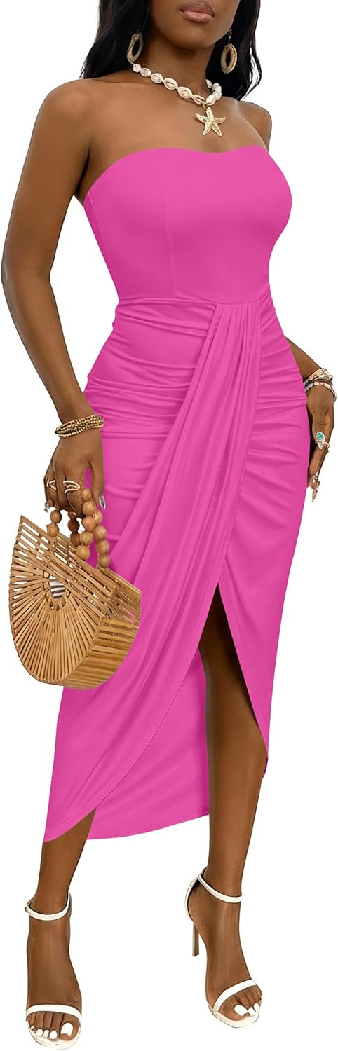 Umenlele Women's Strapless Ruched High Waist Beach Maxi Dress
