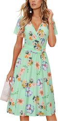 Women's Summer V-Neck Floral Midi Dress with Pockets - OUGES