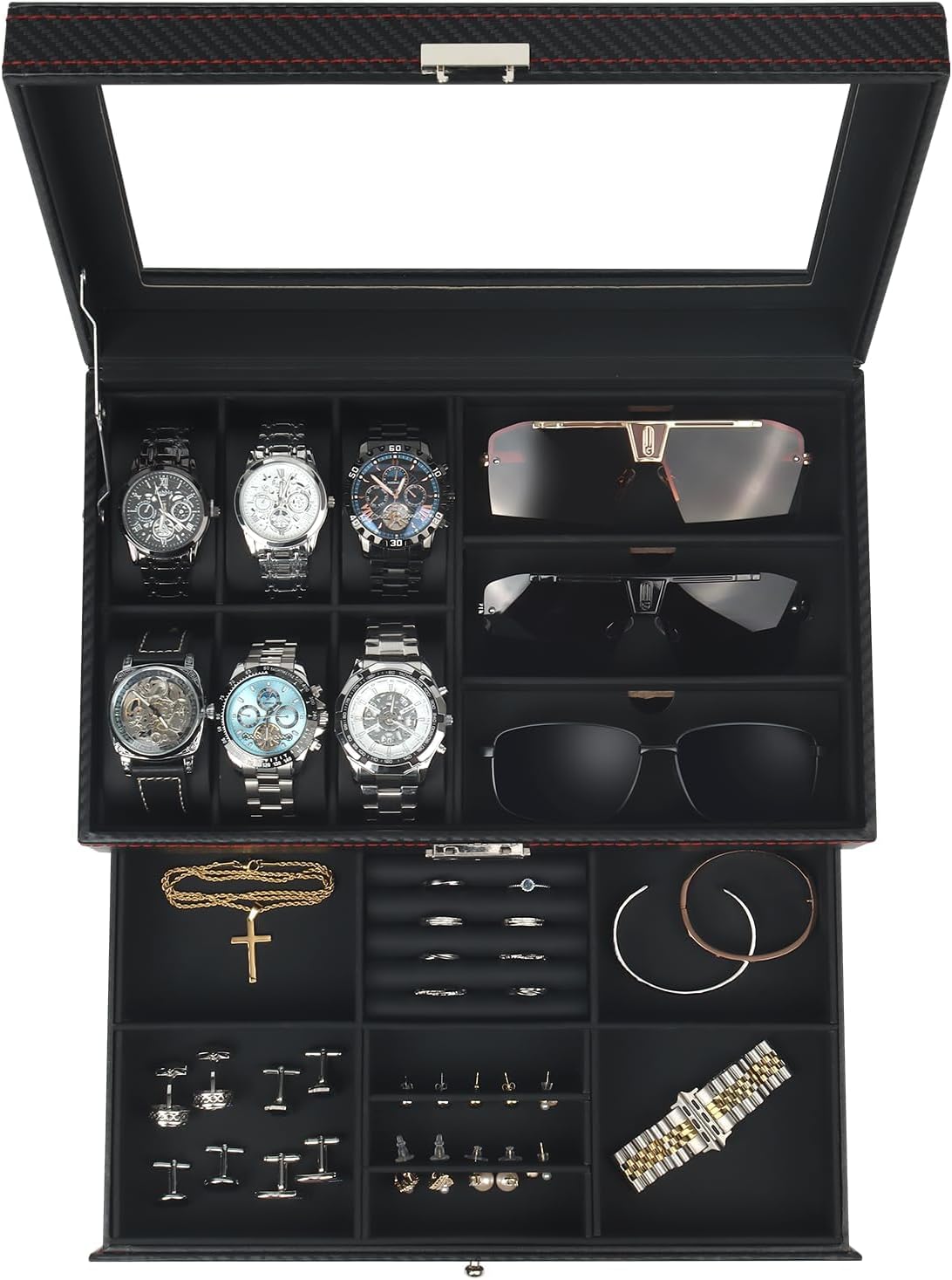 Watch Jewelry Box Organizer with Lock and Large Glass Lid