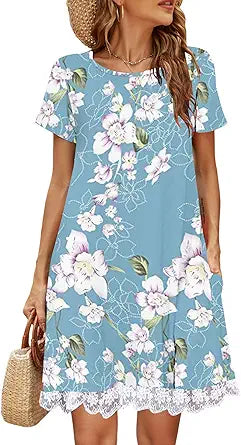 Halife Women's Summer Fall Short Sleeve Lace Hem T-Shirt Dress